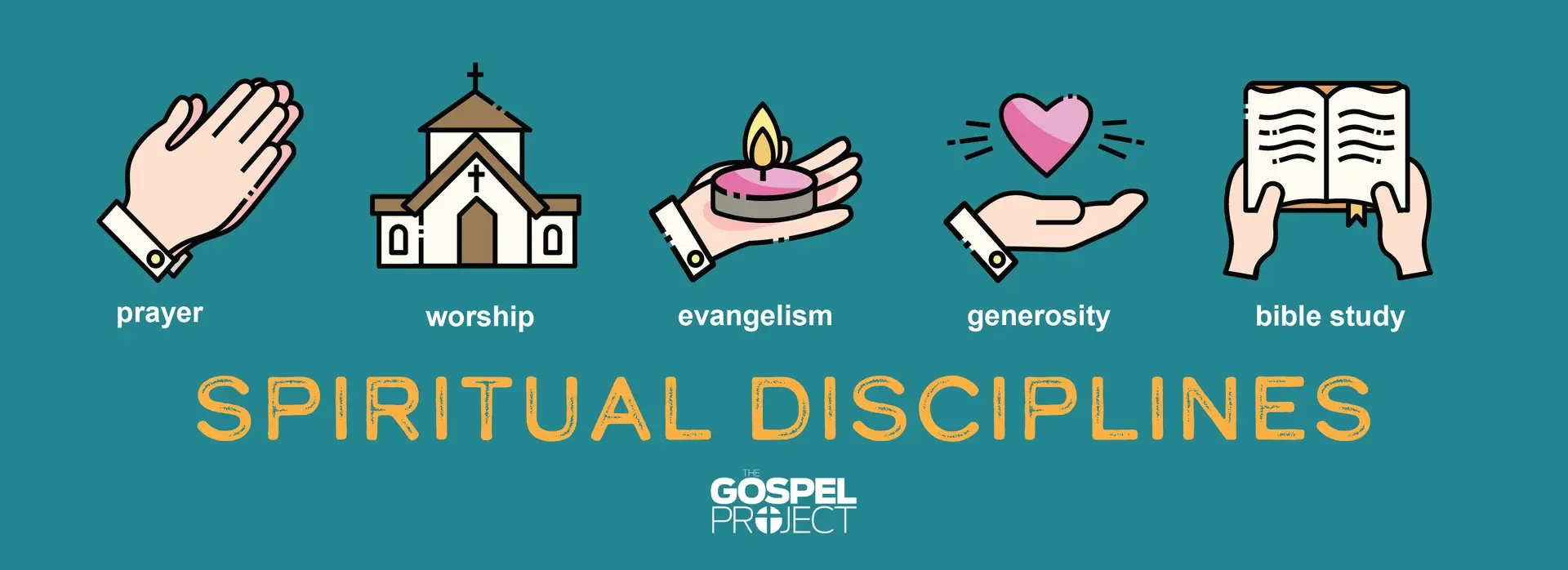 Icons representing different spiritual disciplines: prayer, worship, evangelism, generosity, and bible study